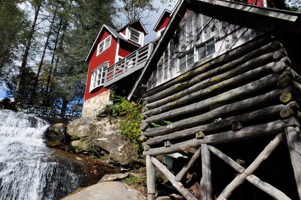 the building by the waterfalls